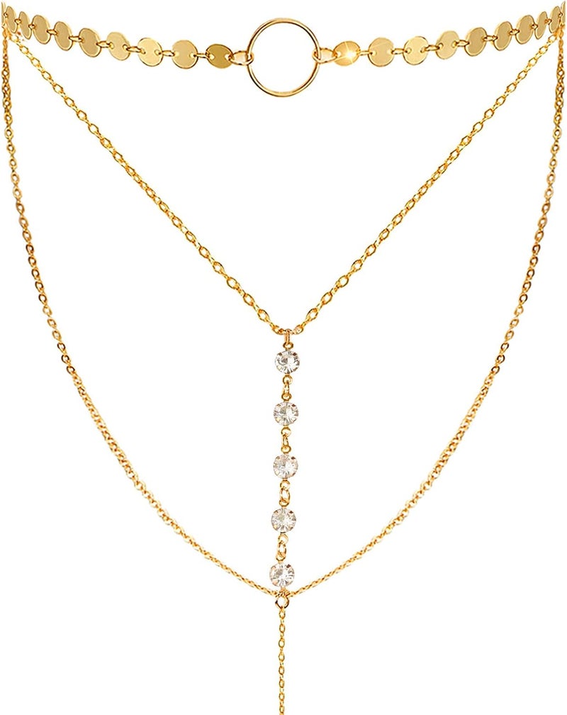 Suyi Stylish Layered Sequins Choker Necklace with Thin Long Chian Pendant for Women Lady - Image 1